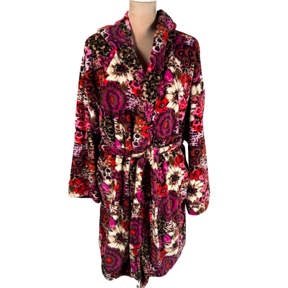 Vera Bradley Hooded Fleece Robe L/XL Pink Floral‎ Print Plush Wrap Belted